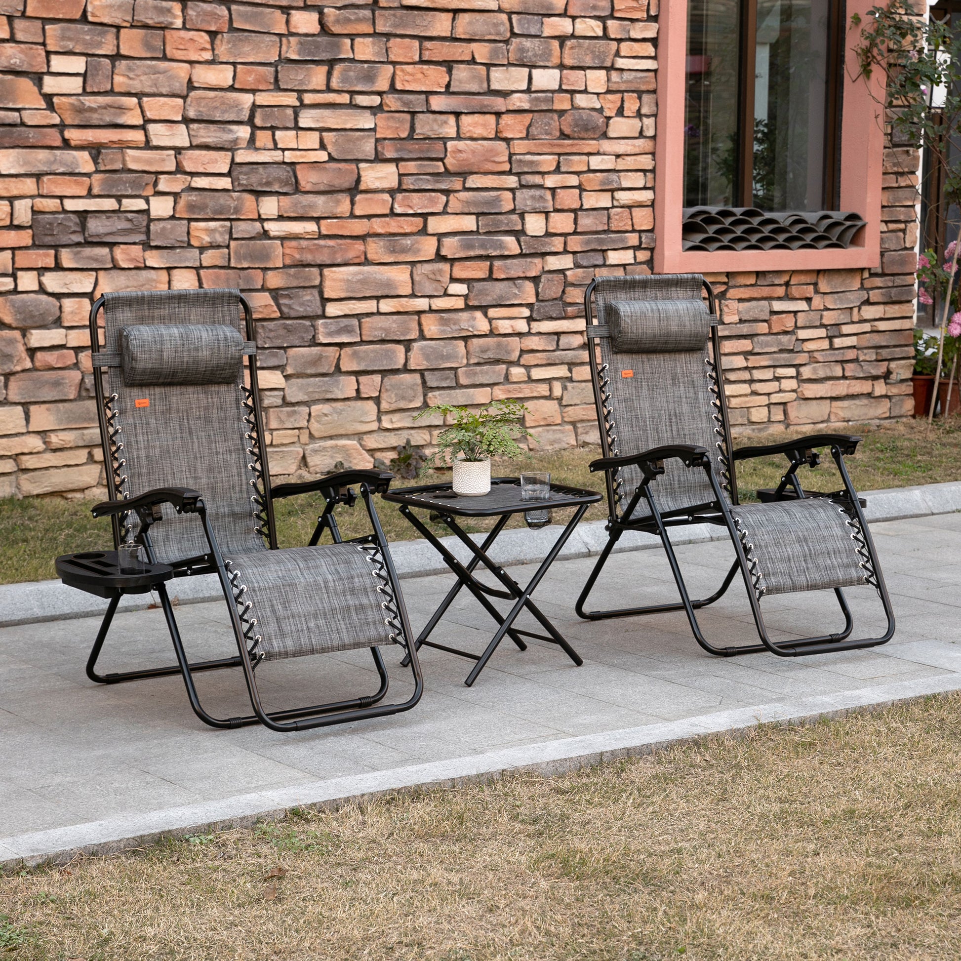 Outsunny Zero Gravity Chair Set With Side Table, Folding Reclining Chair With Cupholders & Pillows, Adjustable Lounge Chair For Pool, Backyard, Lawn, Beach, Gray Grey Steel