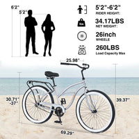 Single Speed Bicycles 26"Inch,Steel Frame, Wide Wheels For Stability, Rear Coaster Brakes,Multiple Colors Men'S Beach Cruiser Bike Cycling Silver Grey Garden & Outdoor Steel