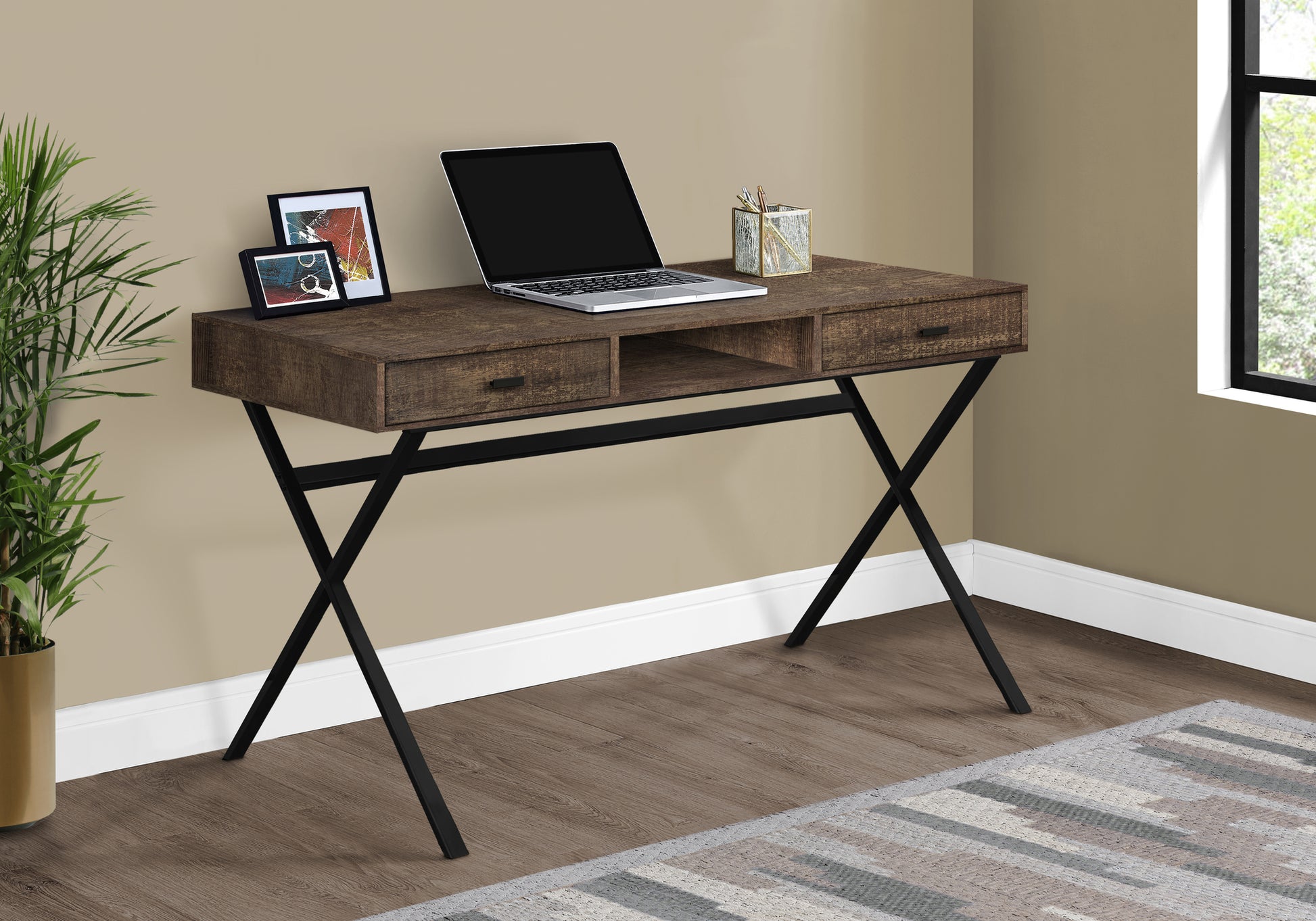 Computer Desk, Home Office, Laptop, Storage Drawers, 48"L, Work, Brown Laminate, Black Metal, Contemporary, Modern Brown Particle Board