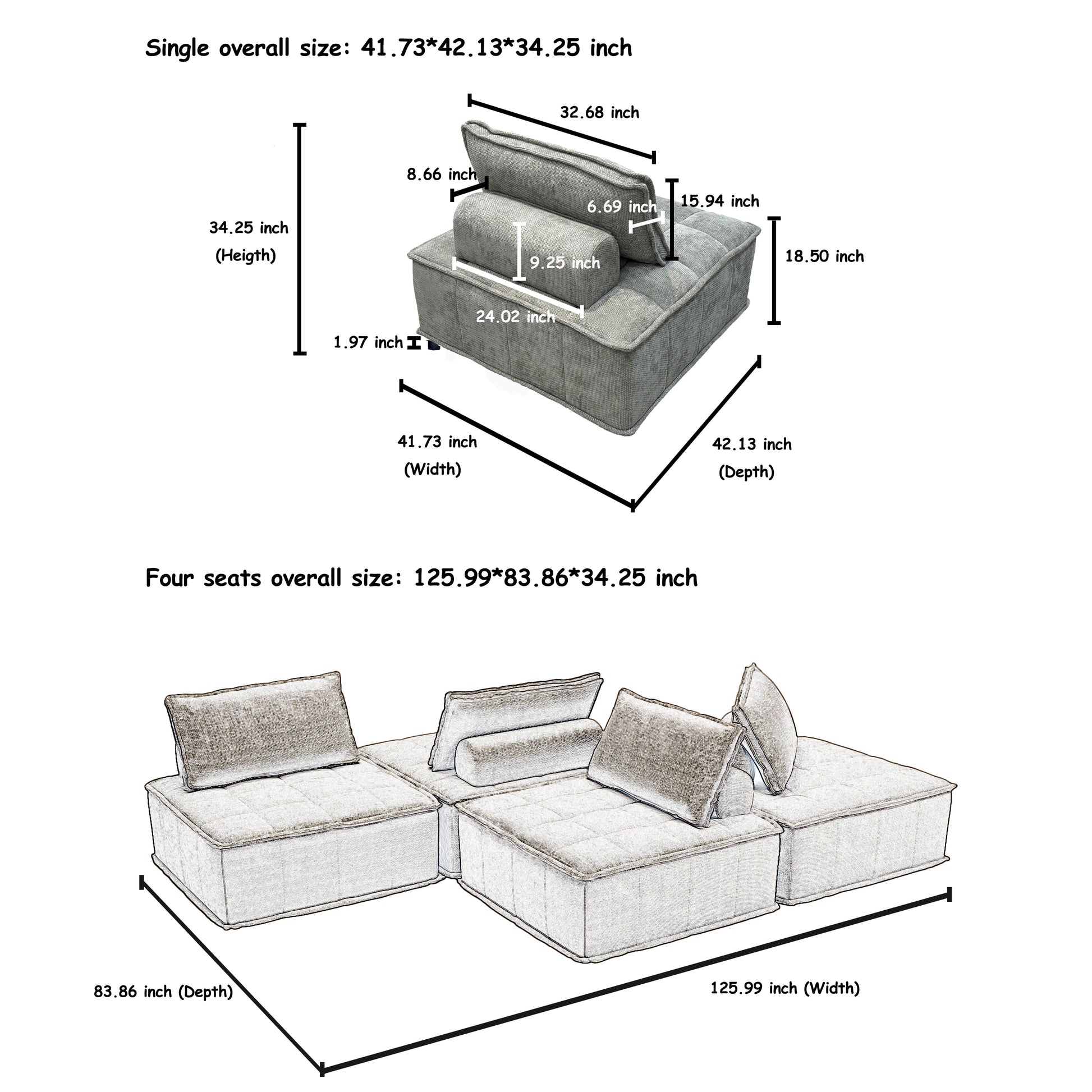 Modular 4 Piece Sofa With Adjustable And Removable Backrests For Ultimate Comfort Oversized Sofa Chenille Light Grey Sofa Light Gray Chenille 4 Seat