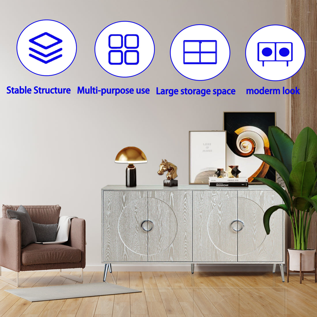 Modern Lacquered 4 Door Wooden Cabinet Sideboard Buffet Server Cabinet Storage Cabinet, For Living Room, Entryway, Hallway, Office, Kitchen And Dining Room, Champagne Silver Lacquered Champagne