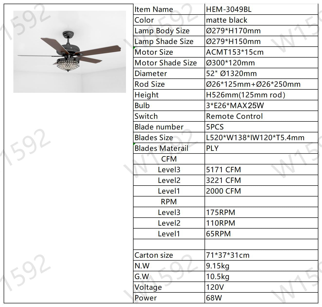 Modern Design Living Room 52 Inch Decorative Crystal Chandelier Ceiling Fan With Light Matt Black American Design,American Traditional,Antique,Classic Plywood Iron