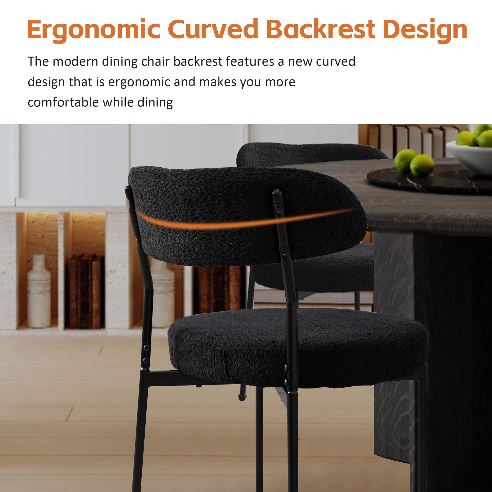 Boucle Upholstered Dining Chairs With Curved Backrest & Metal Legs Set Of 4, Black Metal Black Dining Room Foam Classic,Modern Dining Chairs Set Of 4 Or More Fabric Metal