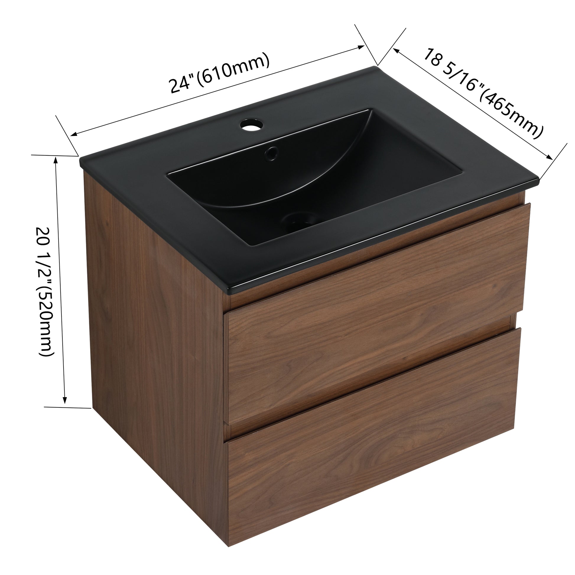 24" Wall Mounted Bathroom Vanity With Black Ceramic Sink, 2 Soft Close Drawers, Kd Package 2 Brown Oak Bathroom Wall Mounted Modern Plywood