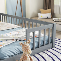 Double Twin Floor Bed With Fence, Guardrails, Without Door, Grey Twin Grey American Design Pine