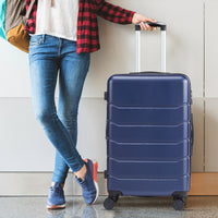 Hard Sided Expand Suitcase With Rotating Wheels, Tsa Lock, Retractable Handle, Blue, 28" Blue Iron Plastic