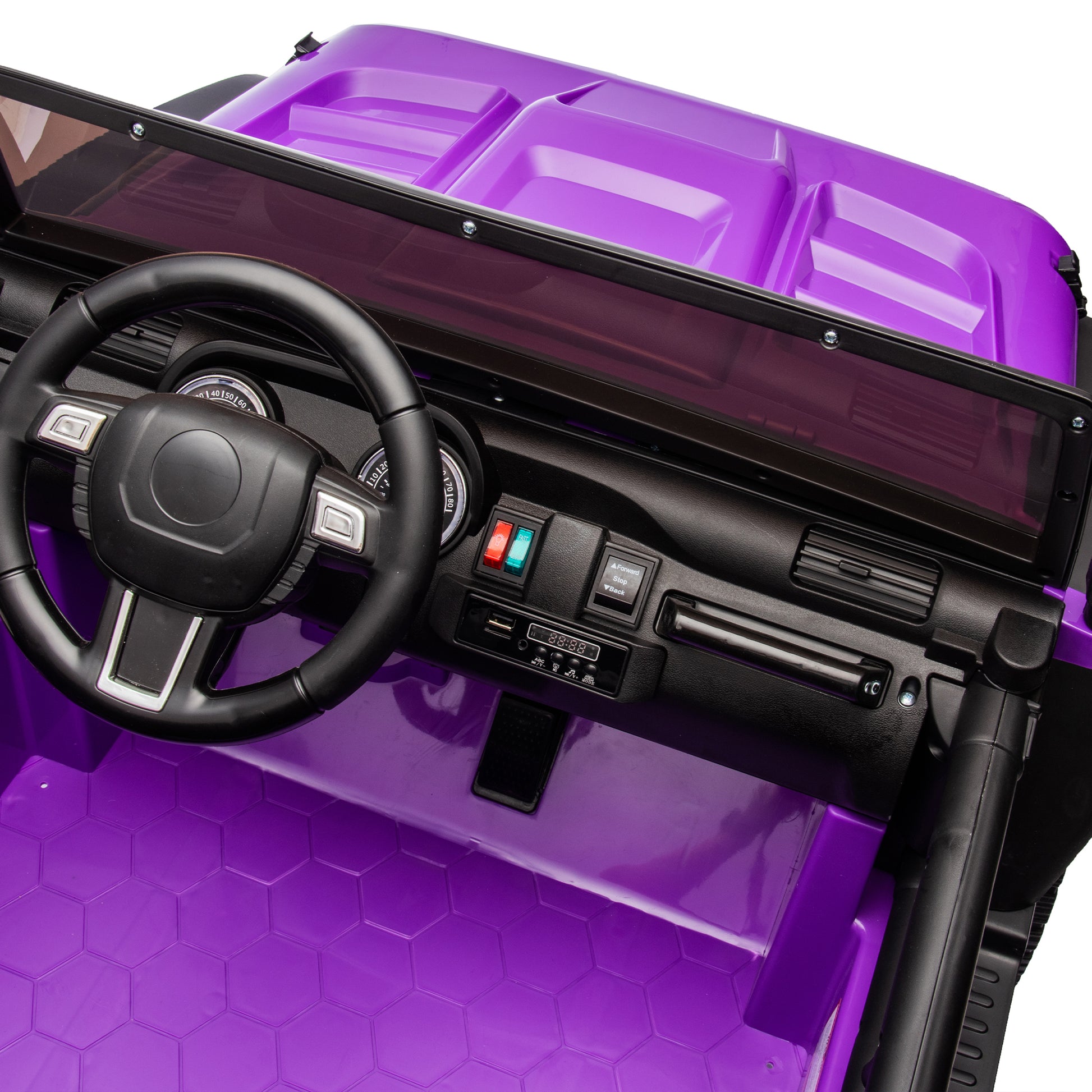 24V Two Seater Kids Ride On Truck Car W Parents Control,200W*2,Seat Width 20.28In,Four Wheel Suspension,Led Lights,Music,Mp3,Bluetooth,Two Independent Seat Belts,Suitable For Off Road For Kids Aged 3 Purple 100 149 Lbs Polypropylene