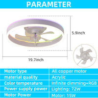 19.7 Inches Fan Light Rgb Color Lights Three Color Temperature 6 Speed Adjustable Wind Power Positive And Negative Rotation White Modern Acrylic