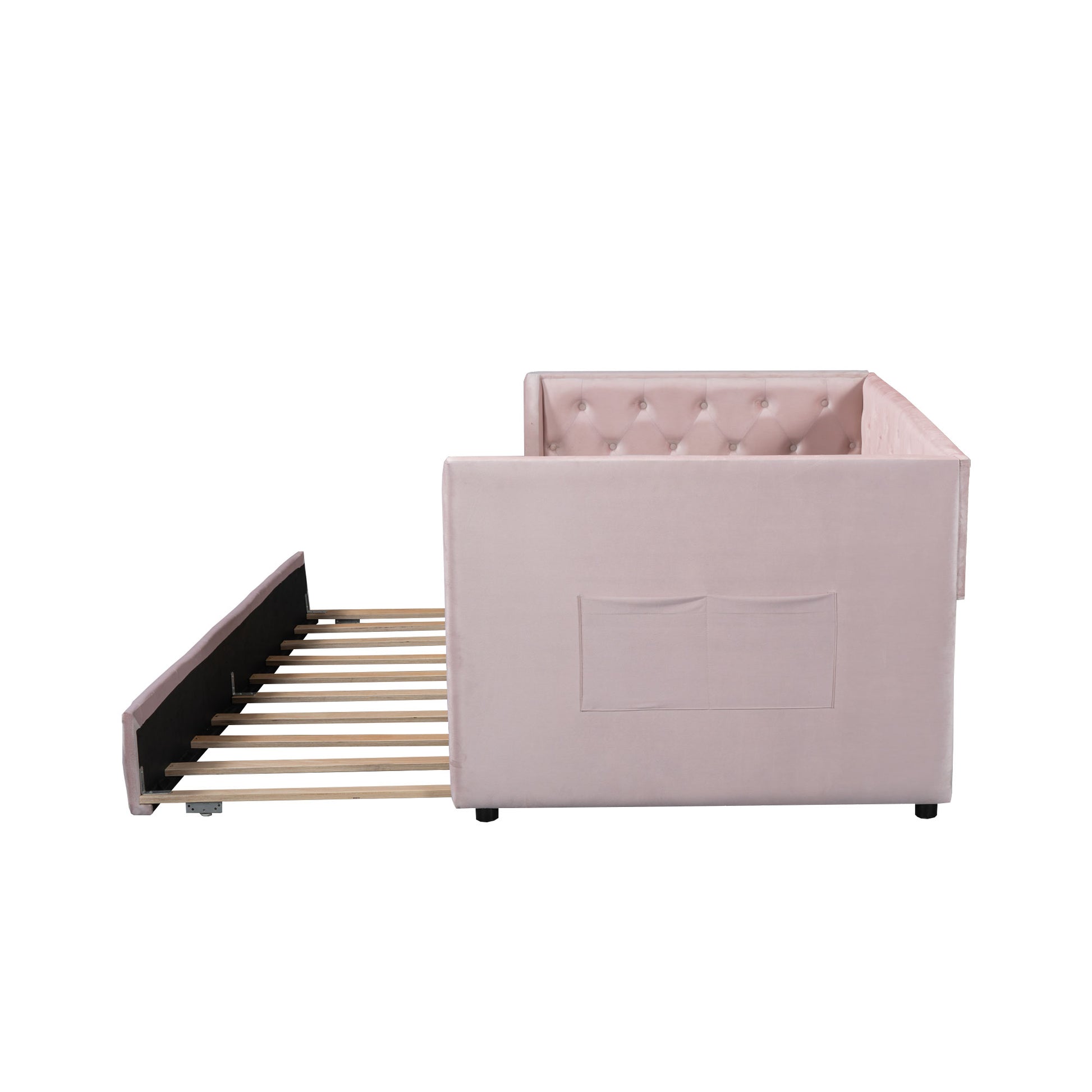 Twin Size Upholstered Velvet Tufted Daybed With Trundle, Pink Box Spring Not Required Twin Pink Wood Daybeds Velvet Solid Wood Mdf,Velvet