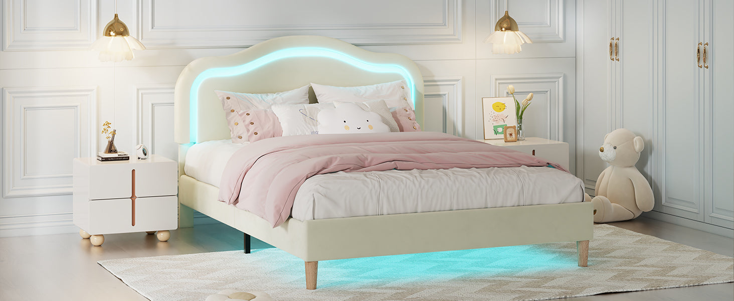 Twin Size Velvet Upholstered Smart Led Bed Frame With Adjustable Height Headboard,No Box Spring Needed,Easy Assembly,Beige Box Spring Not Required Twin Beige Wood Bedroom Cute,Modern Bed Frame Wood