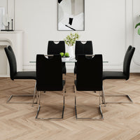 Modern Simple Rectangular Glass Dining Table, Solid Tempered Glass Tabletop, Electroplated Table Legs, Black Pu Dining Chair Set, Suitable For Restaurant Kitchen Use Set Of 7 Upholstered Chair Glass