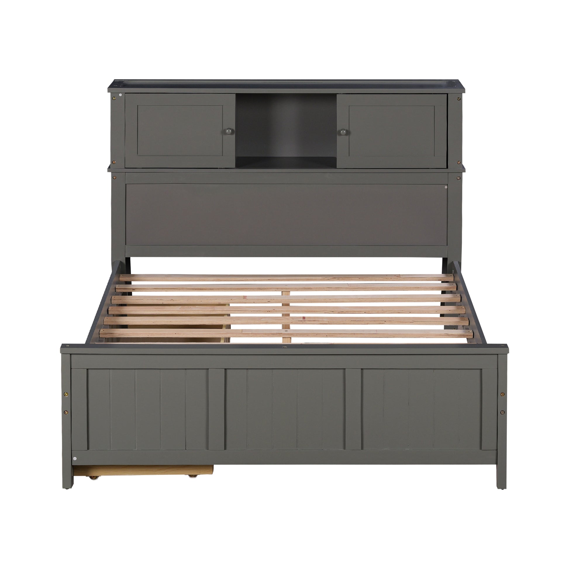 Full Size Platform Bed With Storage Headboard And Sliding Door,2 Drawers, Gray Full Gray Solid Wood Mdf