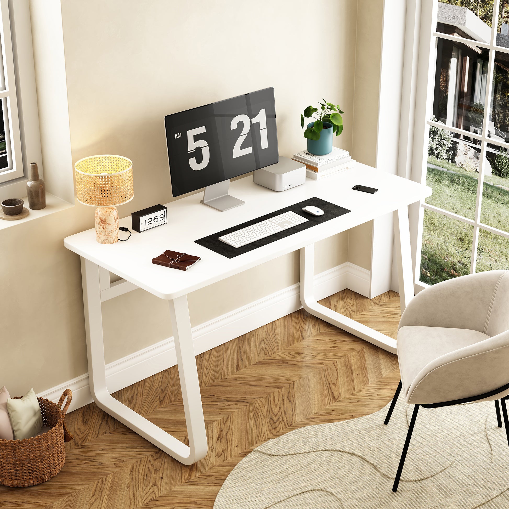 L39.3Inch Computer Desk Modern Simple Style Desk For Home Office, Small Writing Table Study Corner Work Desk For Bedroom White Metal