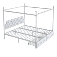 King Size Metal Canopy Platform Bed With Upholstered Headboard And Two Storage Drawers, White King White Metal