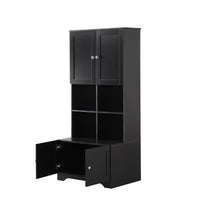 Tall And Wide Bathroom Floor Storage Cabinet, Bathroom Storage Unit, Freestanding Cabinet With 4 Doors, Adjustable Shelves, Open Multi Layer Shelves, Black Black Mdf