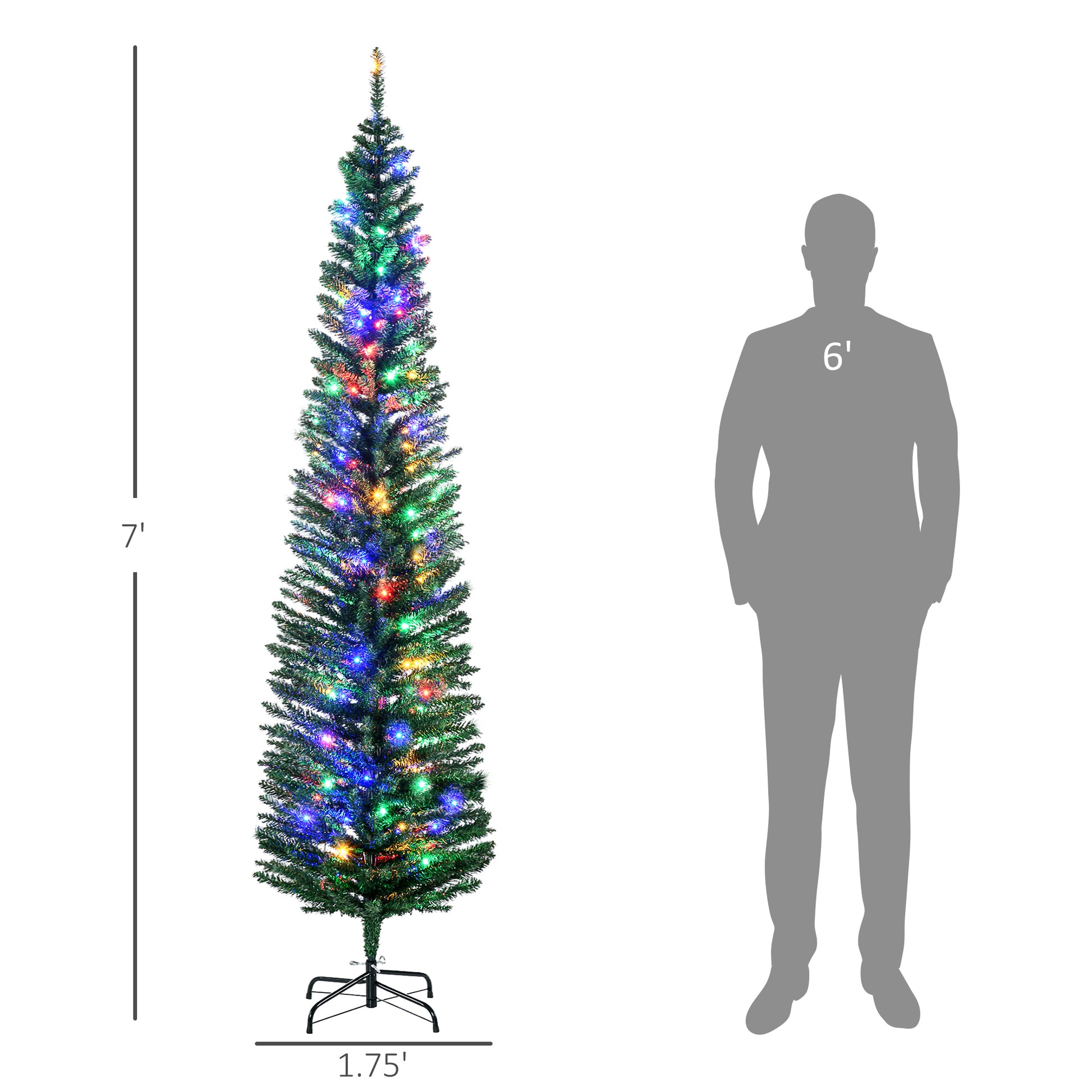 Homcom 7Ft Tall Pencil Prelit Artificial Christmas Tree Holiday D Cor With 499 Branches, 180 Colorful Led Lights, Steel Base, Green Green Plastic