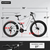 A26309 26 Inch Mountain Bike,Full Suspension 21 Speeds Drivetrain With Disc Brake Mtb Bicycle, 26*4" Fat Tire Bike For Men Or Women. White Multi Steel