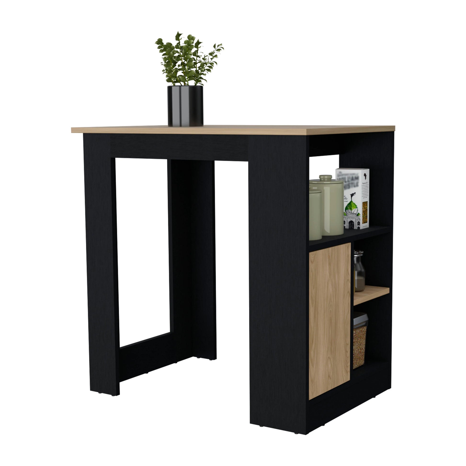 Black And Natural Oak 1 Door Kitchen Island With Open Storage Oak Particle Board Melamine