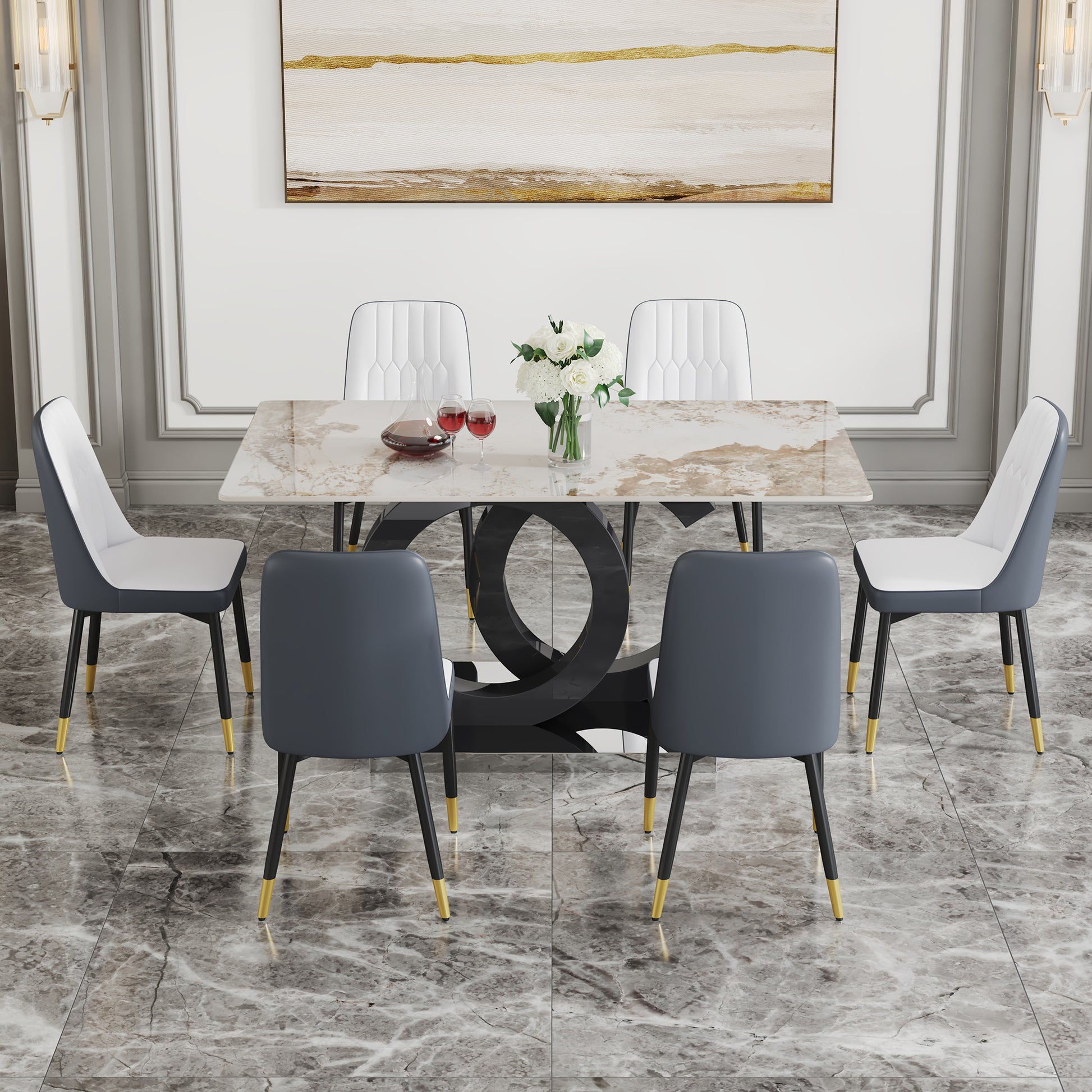 Table And Chair Set.63"X31.5" Marble Pattern Sintered Stone Table With Mdf Oc Shaped Bracket.Paired With 6 White And Dark Gray Spliced Chairs With Pu Cushions And Black Metal Legs. Dark Gray,White