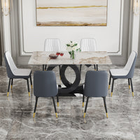 Table And Chair Set.63"X31.5" Marble Pattern Sintered Stone Table With Mdf Oc Shaped Bracket.Paired With 6 White And Dark Gray Spliced Chairs With Pu Cushions And Black Metal Legs. Dark Gray,White