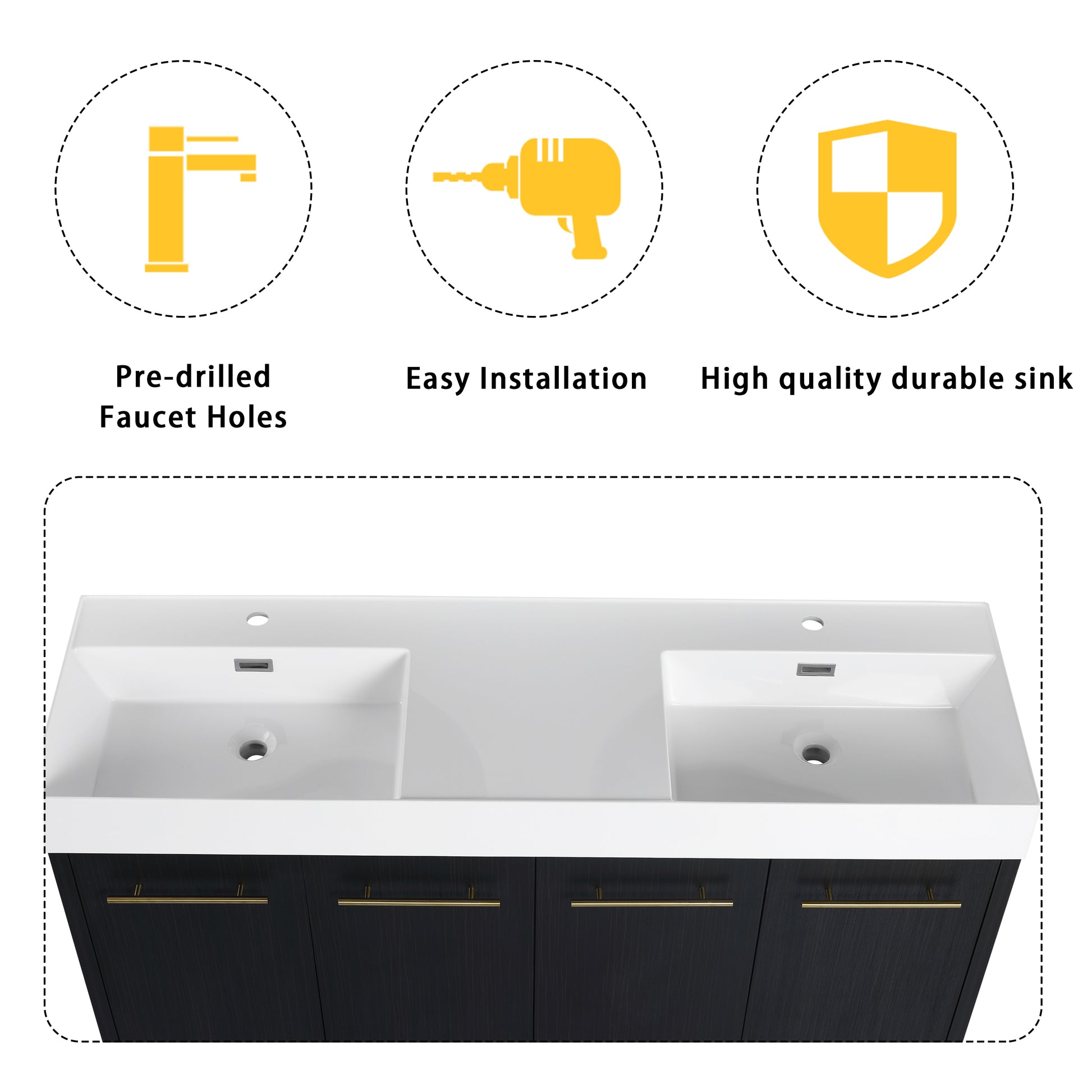 60 Inch Freestanding Bathroom Vanity With Resin Double Sink, With Soft Closing Door, Kd Package Black Chestnut 4 Bathroom Freestanding Modern Plywood