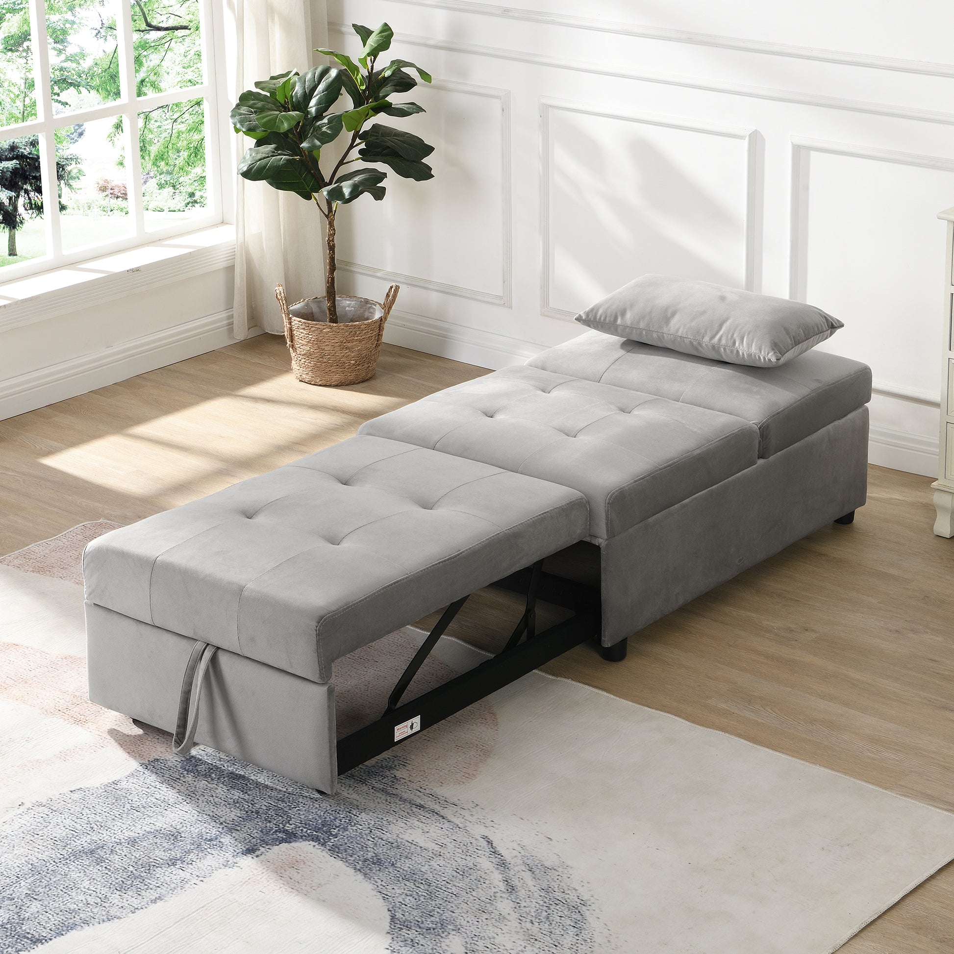 Folding Ottoman Sofa Bed Gray Grey Velvet