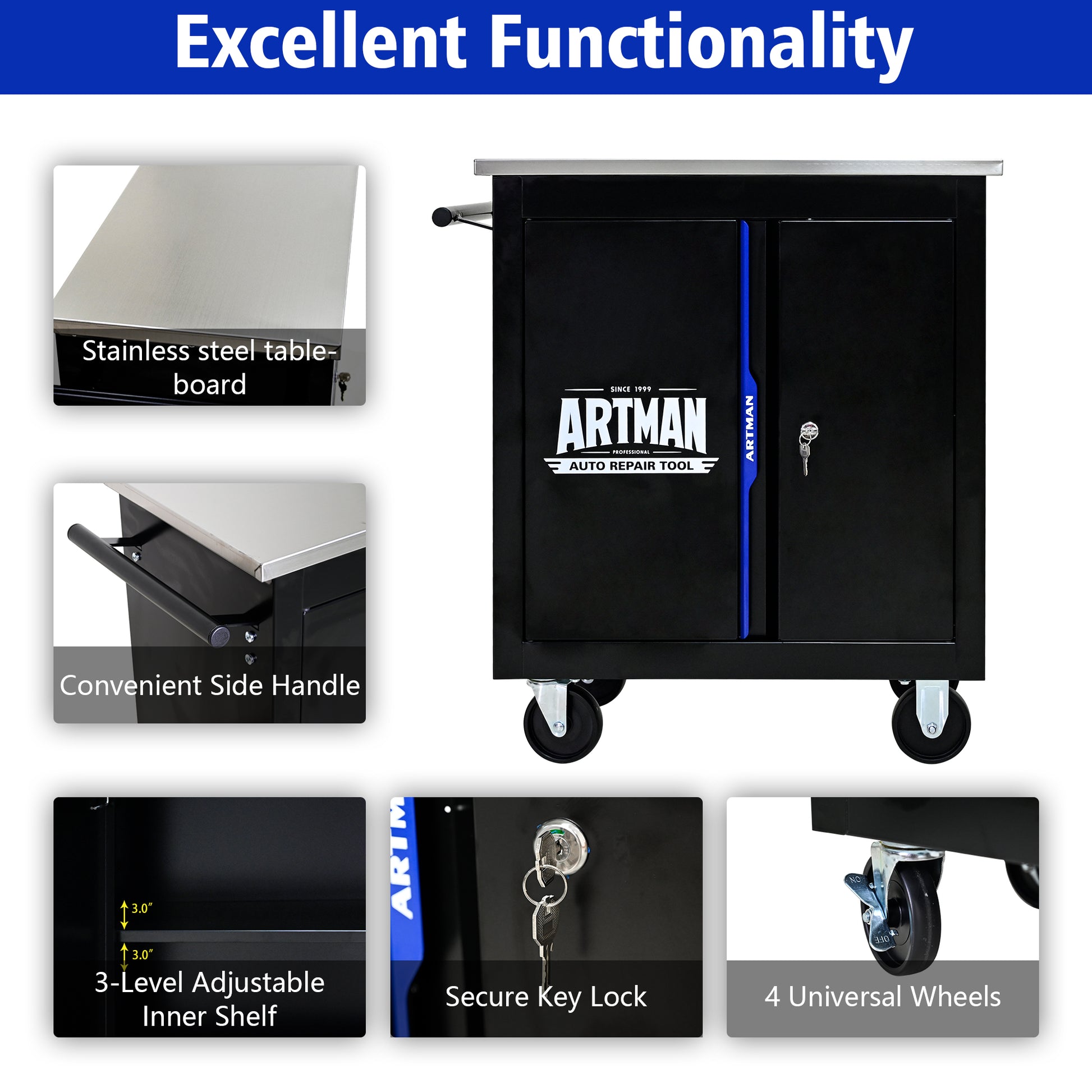 Double Door Clapboardl Multi Function Tool Cart Blak Blue Black Blue Steel