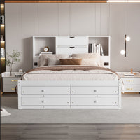 Queen Size Platform Bed With Storage Headboard And 8 Drawers, White Box Spring Not Required Queen White Wood Bedroom Bed Frame Solid Wood Mdf