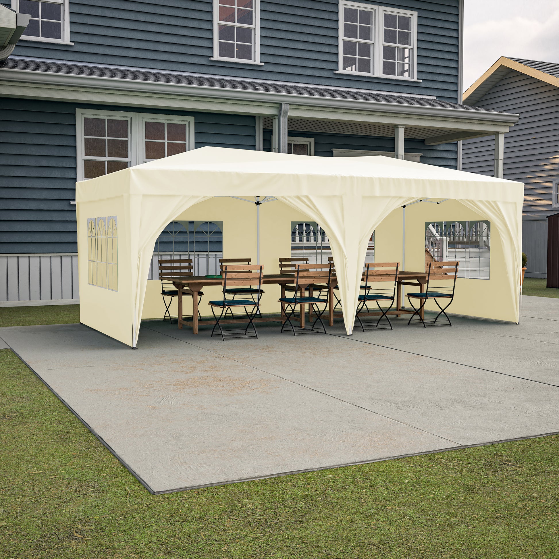 10'X20' Pop Up Canopy Tent With 6 Sidewalls, Ez Pop Up Outdoor Canopy For Parties, Waterproof Commercial Tent With 3 Adjustable Heights, Carry Bag, 6 Sand Bags, 6 Ropes And 12 Stakes, Beige Beige Metal