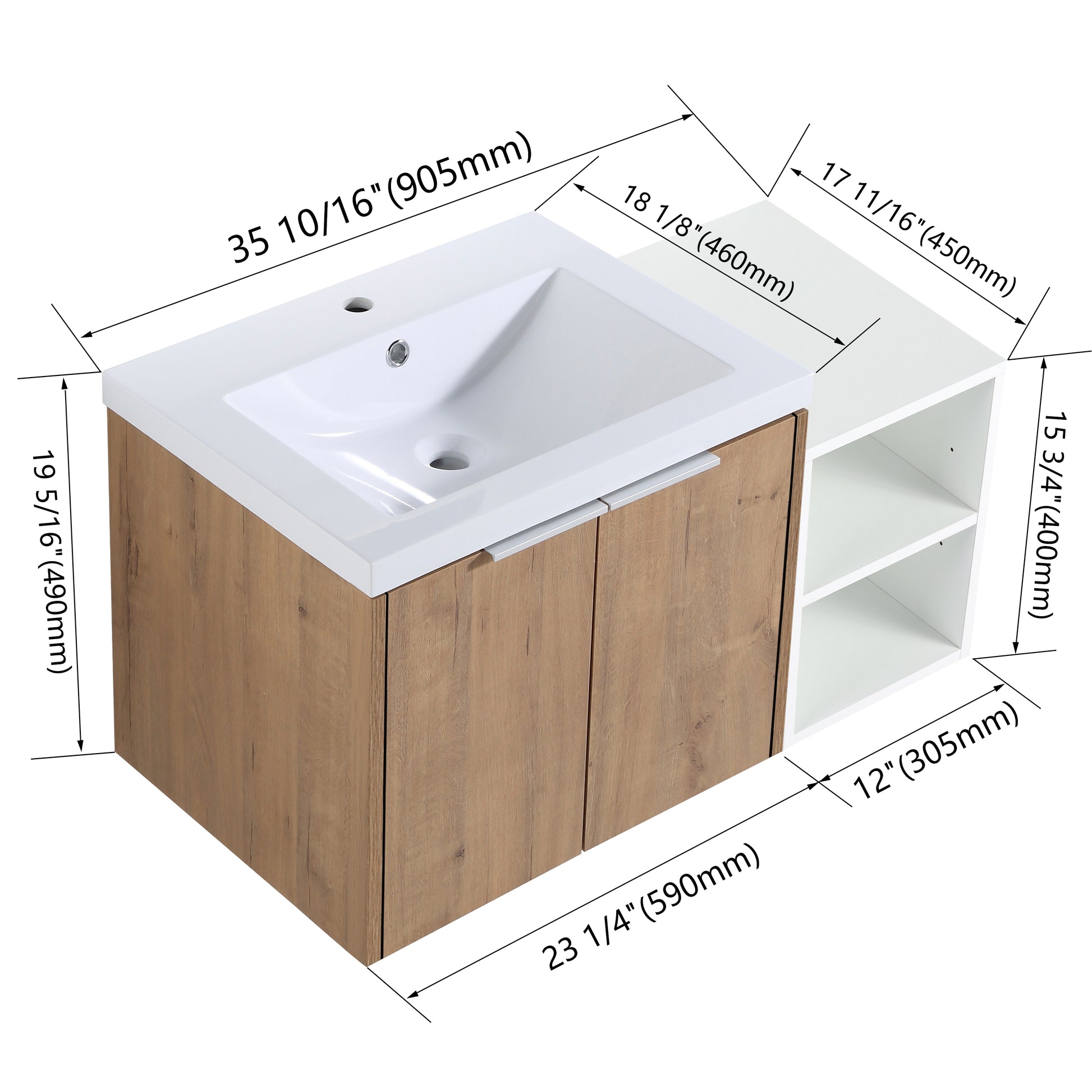 36 Inch Soft Close Doors Bathroom Vanity With Sink, A Small Storage Shelves, 24" And 12" Combination Cabinet, Kd Packing Imitative Oak 2 1 Bathroom Wall Mounted Modern Plywood