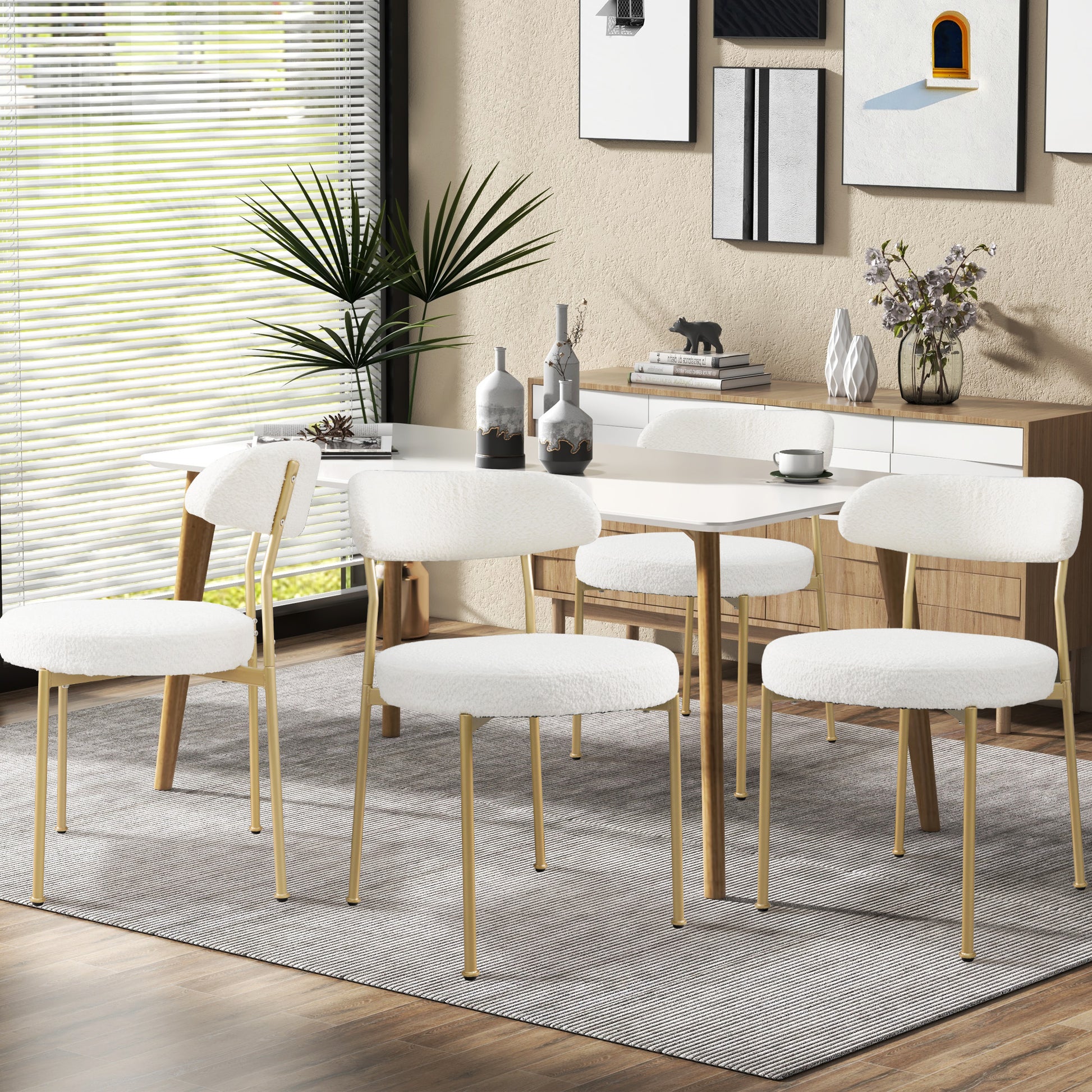 Boucle Upholstered Dining Chairs With Curved Backrest & Gold Metal Legs Set Of 4, Beige Metal Beige Gold Dining Room Foam Classic,Modern Dining Chairs Set Of 4 Or More Fabric Metal