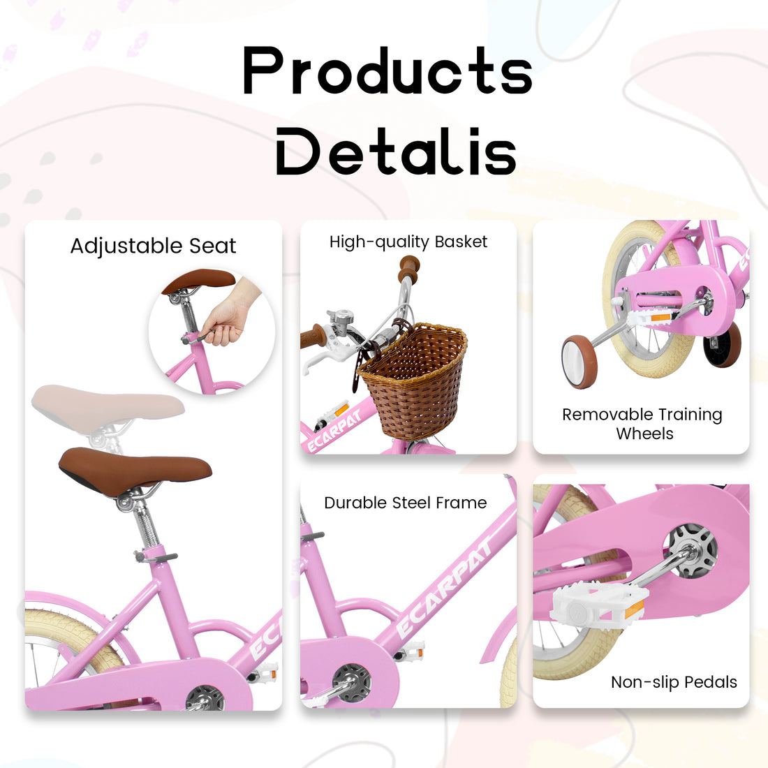 A12116 Ecarpat Kids'Bike Girls Bike 12 Inch Wheels,1 Speed Child Bicycles For 2 3 Years,With Removable Training Wheels Baby Toys,Front V Brake,Rear Holding Brake Pink Steel