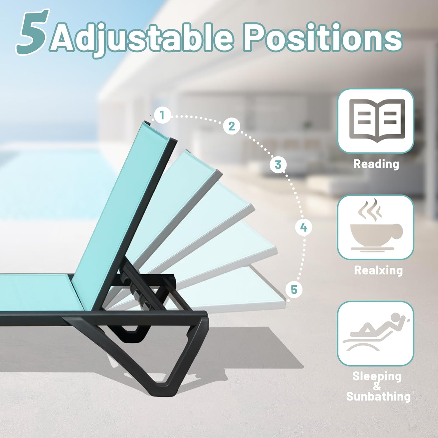 Outdoor Lounge Chair, Aluminum Plastic Patio Chaise Lounge With Side Table & 5 Position Adjustable Backrest & Wheels, All Weather Reclining Chair For Outside Beach Poolside Lawn, Lake Blue Lake Blue Aluminum
