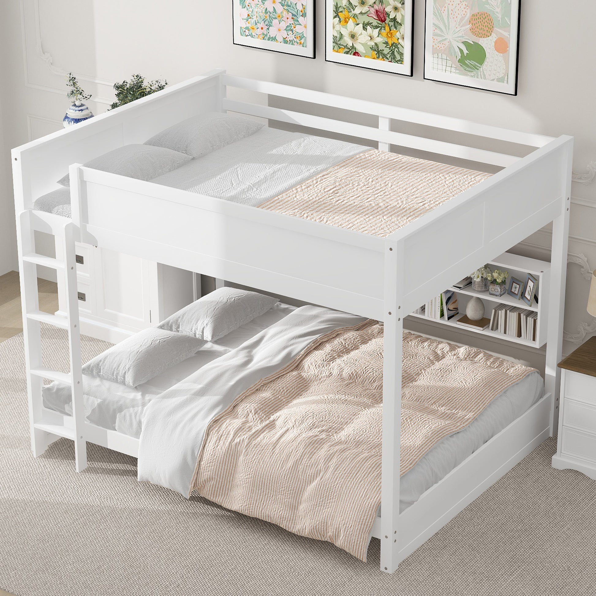 Queen Over Queen Bunk Bed With Storage Cabinets And Usb Ports, White White Solid Wood Mdf