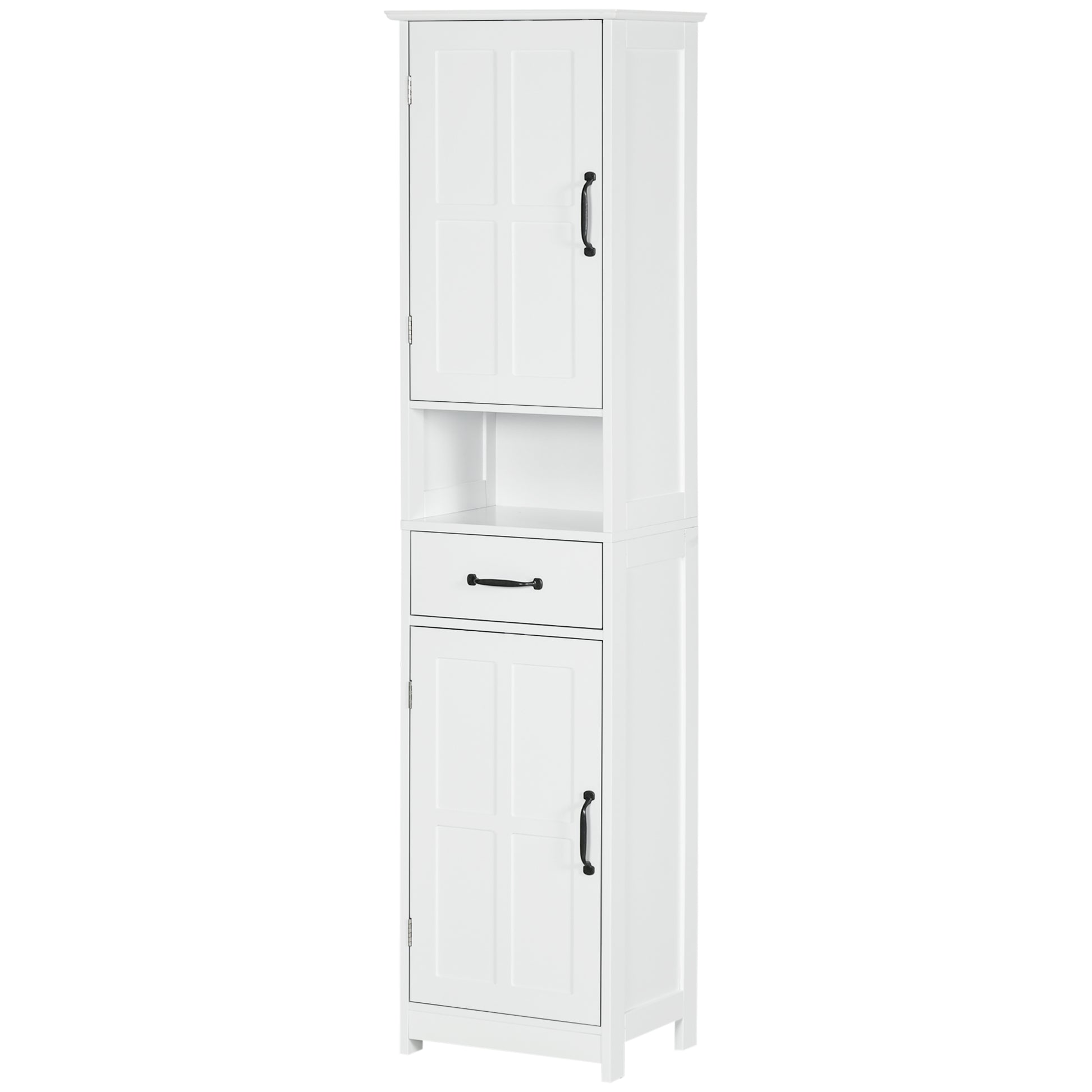 Kleankin Slim Bathroom Storage Cabinet, Tall Bathroom Cabinet, Linen Tower With Open Shelf, Drawer, Recessed Doors, And Adjustable Shelves, White White Mdf