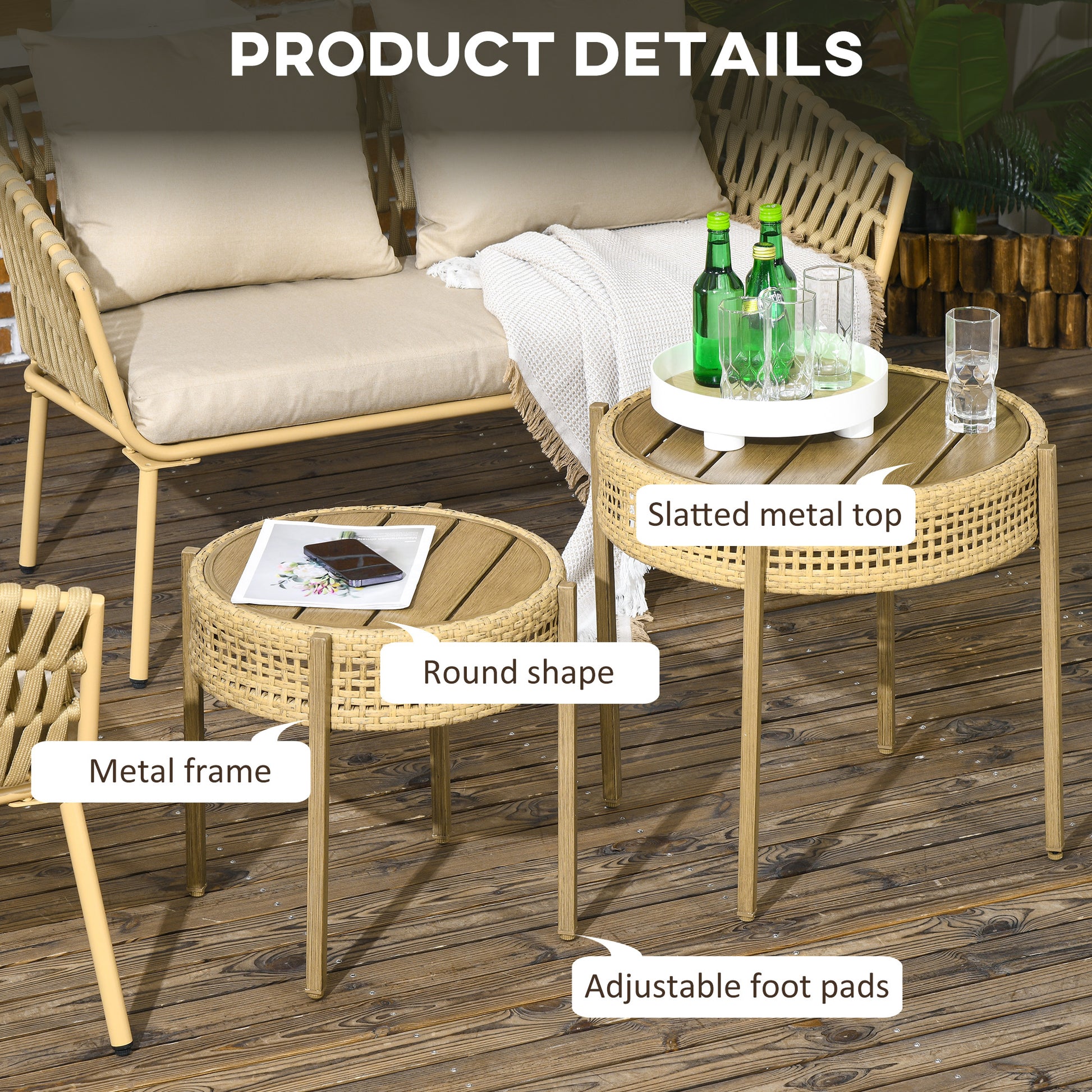 Outsunny 2 Piece Wicker Patio Table Set, Pe Rattan End Table Set, Outdoor Round Coffee Table Set, Multi Functional, Slatted Metal Top, Brown Brown Steel