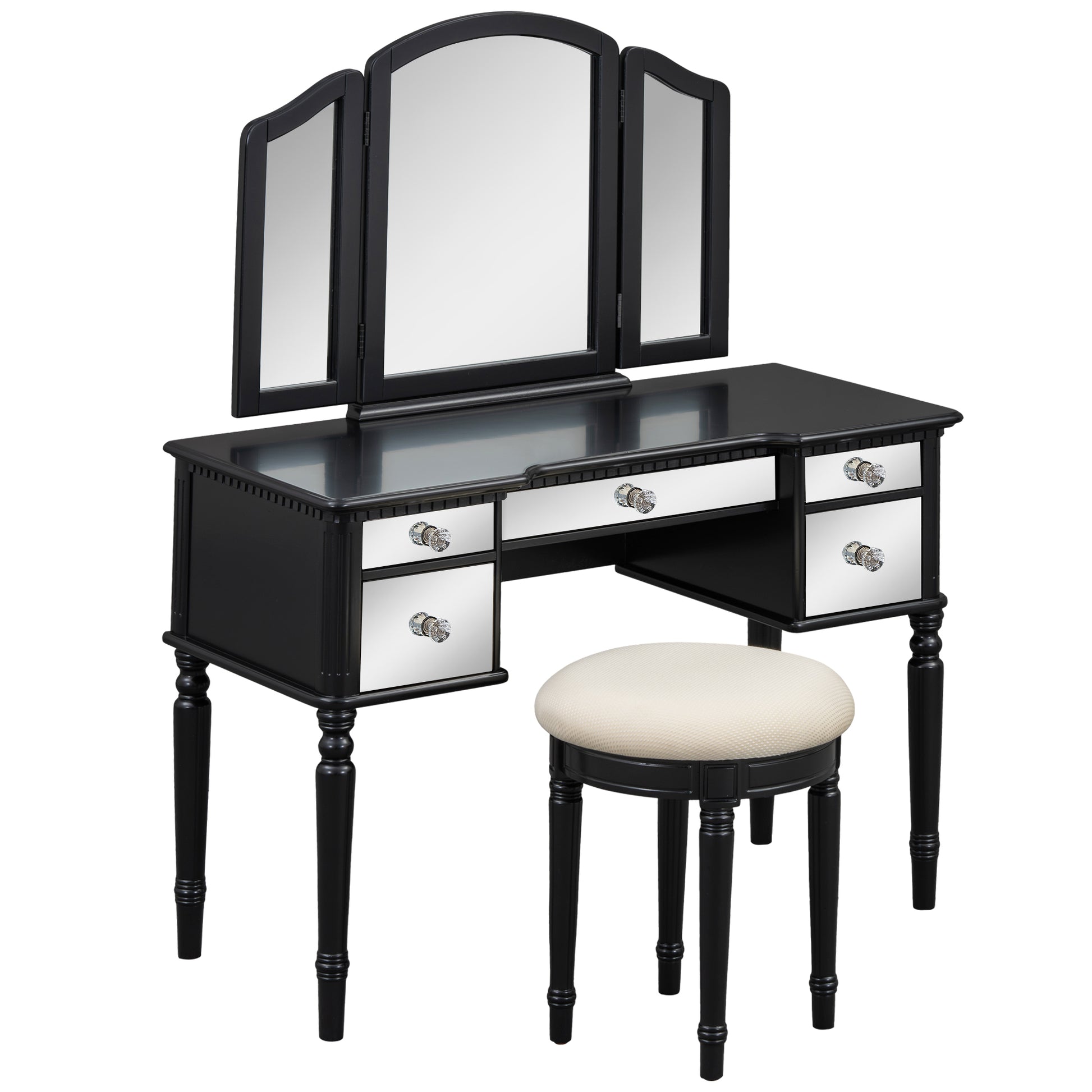 43" Dressing Table Set With Mirrored Drawers And Stool, Tri Fold Mirror, Makeup Vanity Set For Bedroom, Black Black Solid Wood Mdf