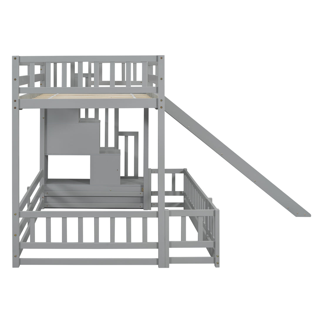 Twin Over Full Bunk Bed With Slide, Storage Staircase, Pine Solid Wooden Bunk Bed With Safety Guardrails ,Grey Grey Pine