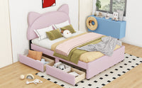 Full Size Upholstered Platform Bed With Cartoon Ears Shaped Headboard And 2 Drawers, Pink Box Spring Not Required Full Pink Wood Bedroom Bed Frame Faux Leather Upholstered