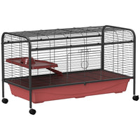 Pawhut 48" L Small Animal Cage, Rabbit Hutch, Or Ferret Pet Play House With Feeder, Rolling Wheels, Platform, Ramp Red Black Steel