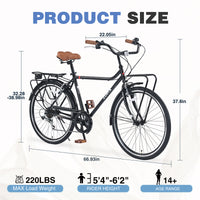 7 Speed, Steel Frame, Multiple Colors 26 Inch Vintage Style Bike,Retro Commute Bike For Women And Men Black Steel