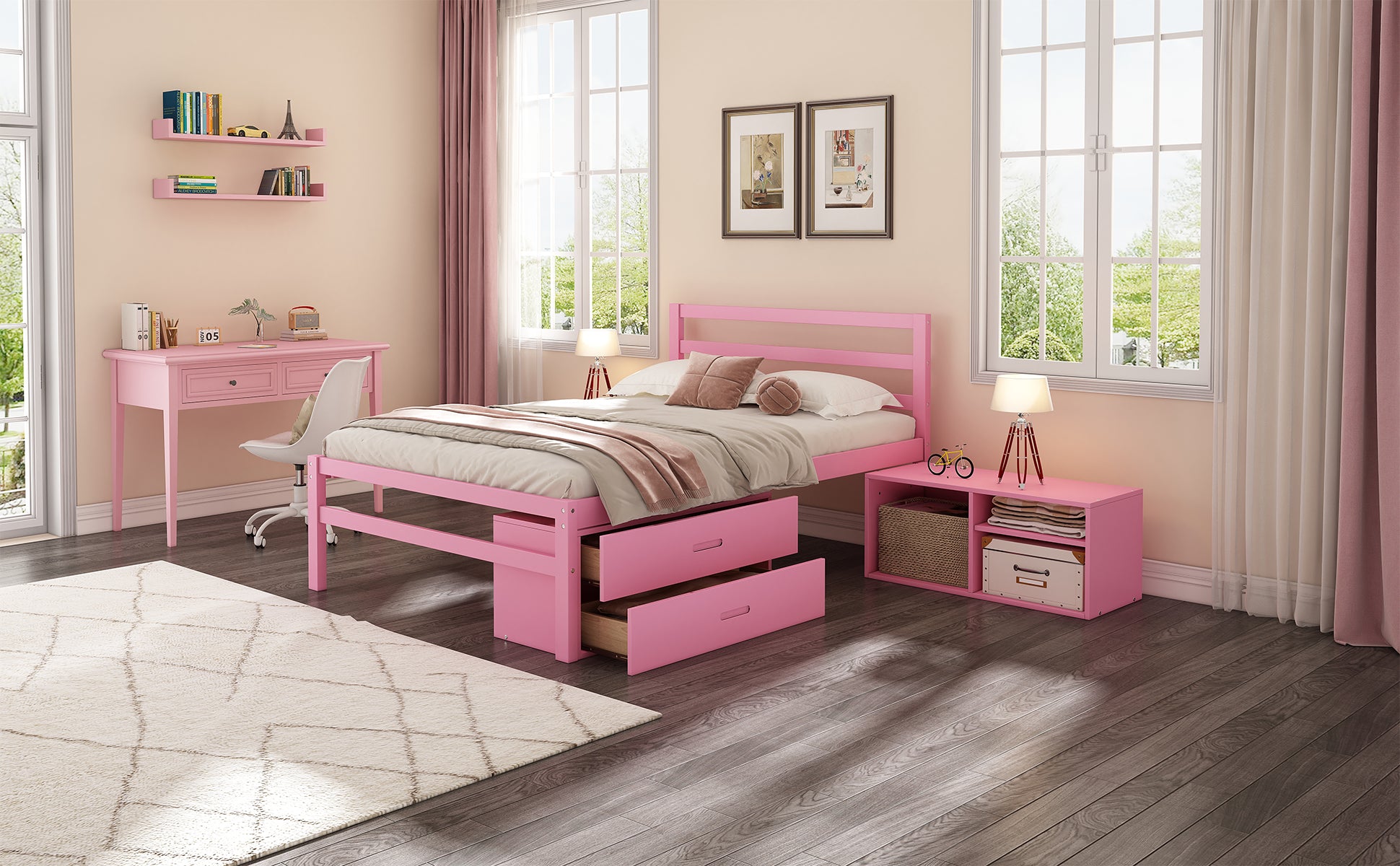 Full Size Wood Platform Bed With Removable Storage Shelves, Built In Two Storage Drawers For Added Convenience, Pink Full Pink Wood