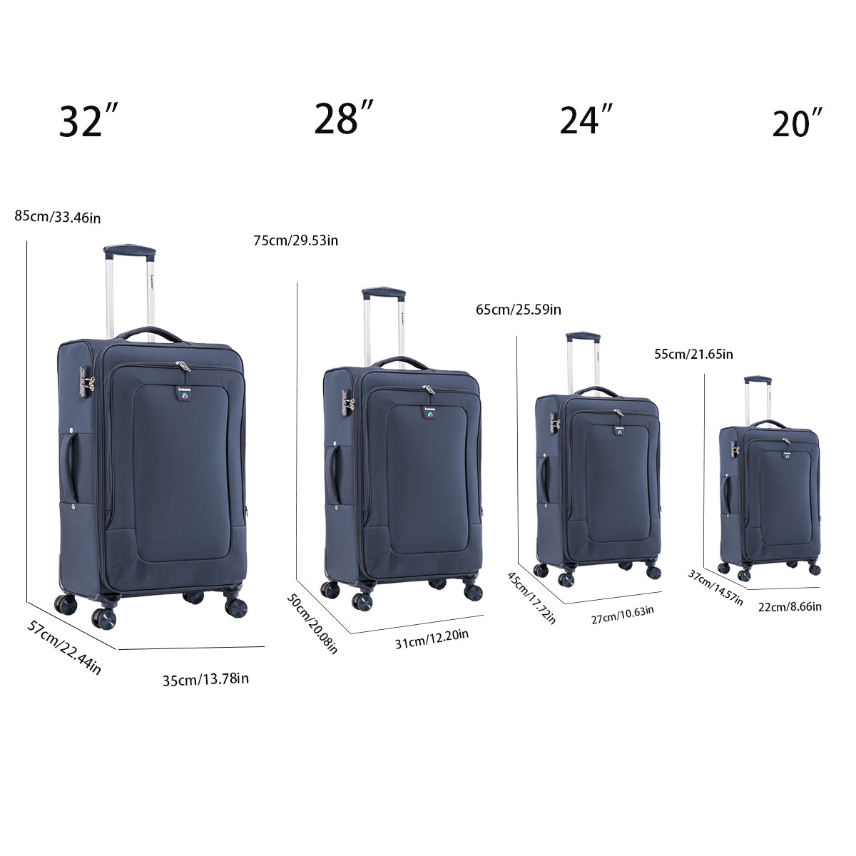 Four Piece Fabric Luggage Set, Expandable Suitcase For Travel, School And Business Trip 20 24 28 32In Blue Fabric