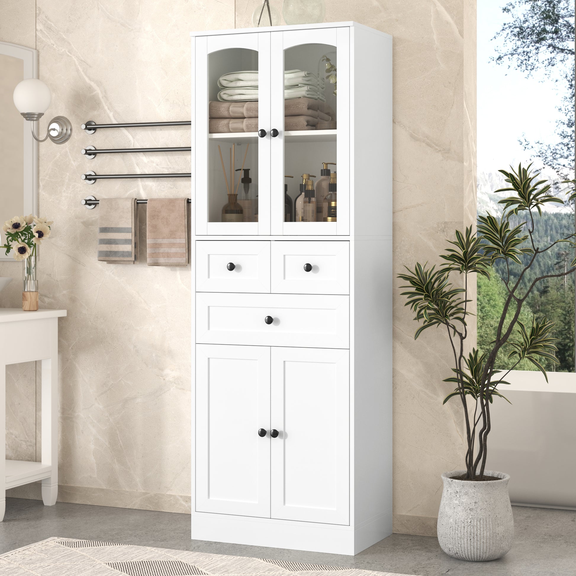 Tall Bathroom Storage Cabinet, Cabinet With Four Doors And Drawers, Adjustable Shelf, Mdf Board, White White Mdf