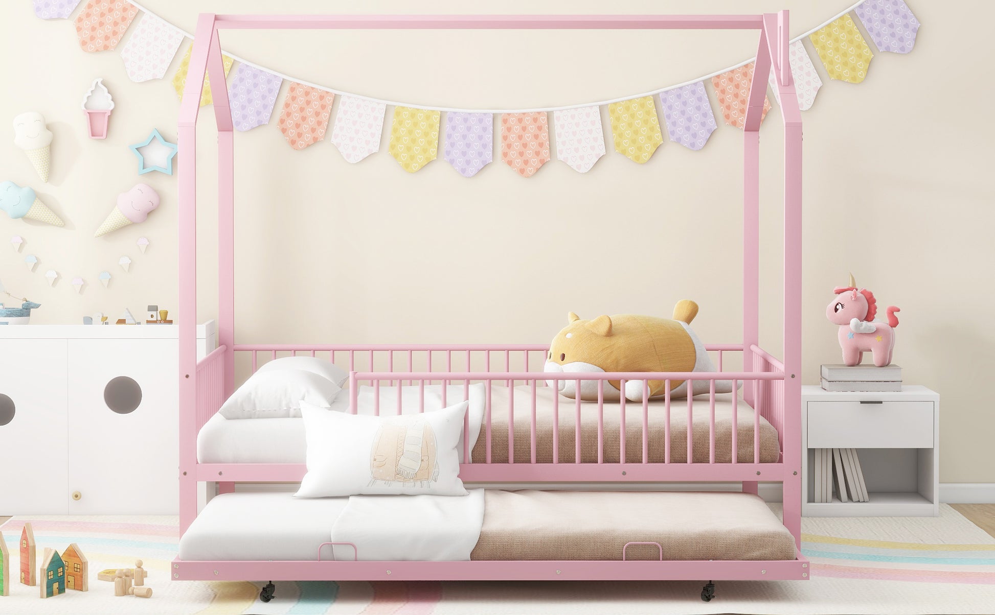 Full Size Metal House Bed With Fence, With Trundle, Pink Full Pink Metal