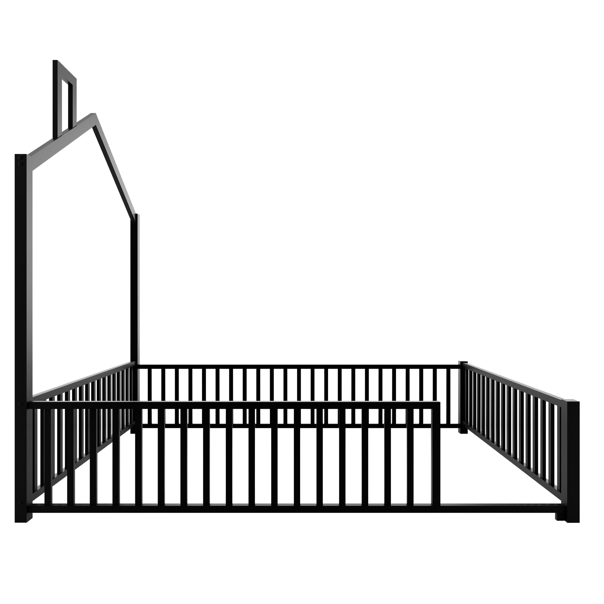 Full Size Metal House Platform Bed With Guardrail And Chimney, Black Box Spring Not Required Full Black Metal Metal