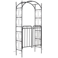 Outsunny 84" Garden Arch Arbor With Gate, Metal Arch Trellis, Garden Archway For Climbing Vines, Wedding Ceremony Decoration, Flourishes & Arrow Tips, Black Black Metal