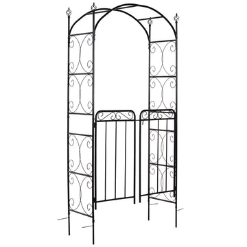 Outsunny 84" Garden Arch Arbor With Gate, Metal Arch Trellis, Garden Archway For Climbing Vines, Wedding Ceremony Decoration, Flourishes & Arrow Tips, Black Black Metal