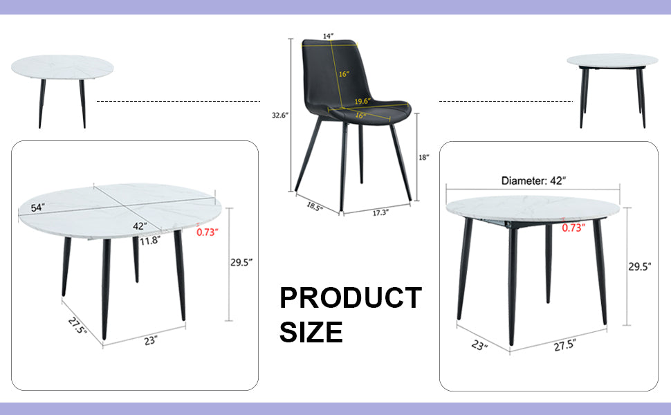 Table And Chair Set.Modern Extendable Mdf Dining Table.The Table Has A Telescopic Design, Suitable For Gatherings Of Different Size.Paired With 6 Chairs With Pu Cushions And Black Metal Legs.