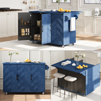 K&K 51.2"W 3D Wave Stripes Ash Veneer Not Cheap Paper Kitchen Island With Drop Leaf, Farmhouse Kitchen Island On Wheels With Internal Storage Rack, Rolling Kitchen Cart Navy Blue Navy Blue Nature